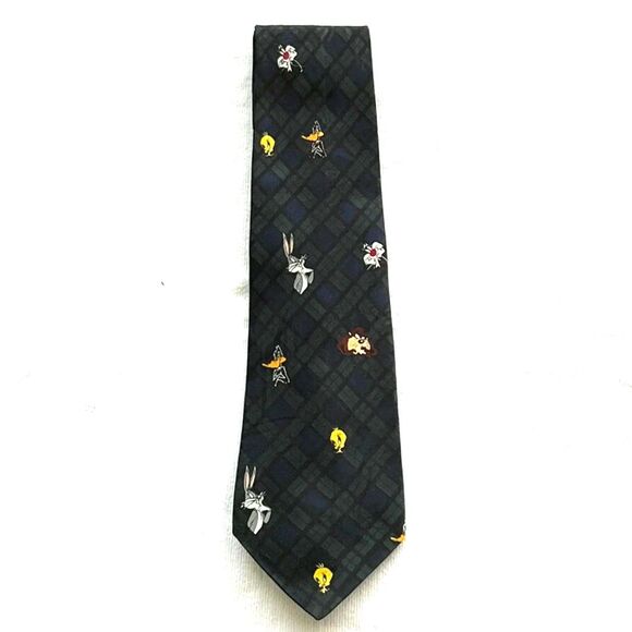 Vintage 1995 Looney Tunes Green/Blue Plaid The Pose Characters Tie - Picture 1 of 5
